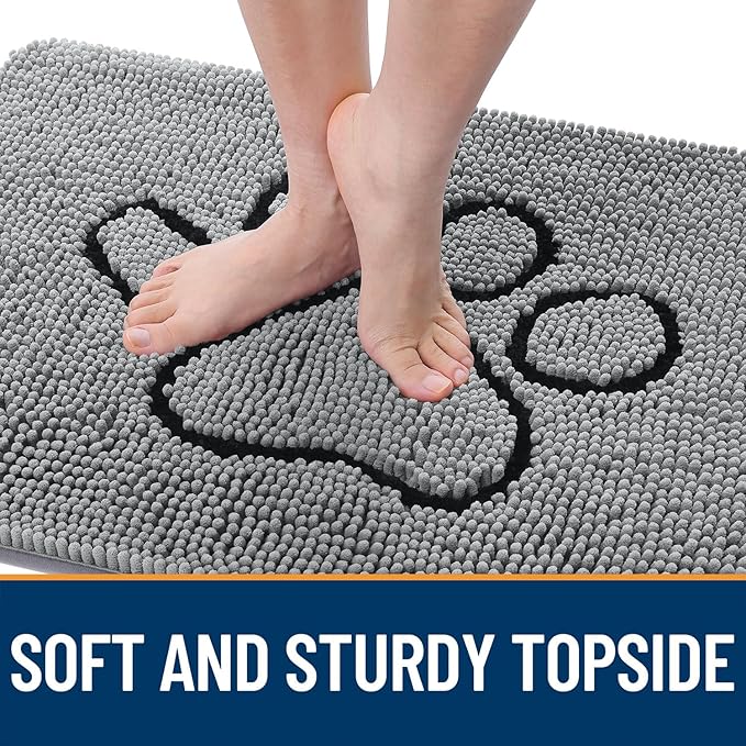 OLANLY Dog Door Mat for Muddy Paws 35x24, Paw Print Design, Absorbs Moisture and Dirt, Absorbent Non-Slip Washable Doormat, Quick Dry Chenille Mud Mat for Dogs, Entry Indoor Entryway Carpet, Grey
