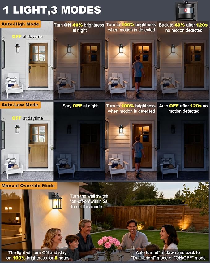 LTBLIGHT 2-Pack Motion Sensor Outdoor Lights with GFCI Outlet Built-in, Exterior Porch Lights Wall Mount with 3 Modes, Anti-Rust Outside Lanterns for Home, Entry, Backyard, Patio, 120V