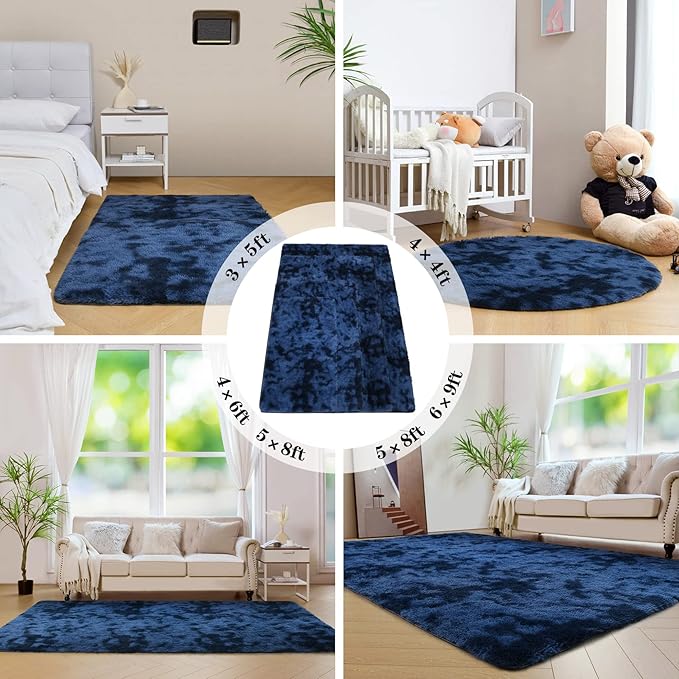 duduta Navy Blue Soft Fluffy Rug 4x6 ft, Tie-Dyed Shag Fuzzy Plush Rectangle Carpet for Bedroom Nursery Living Room Home Decor