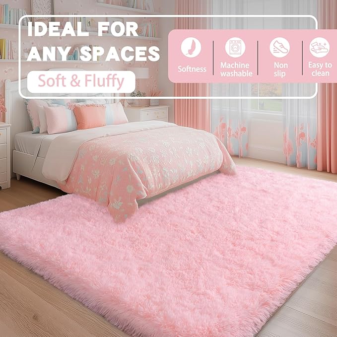 Fluffy Pink Rug for Bedroom Girls, 5x7 Soft Fuzzy Plush Shag Area Rug for Living Room, Cute Comfy Throw Rug for Kids, Non-Slip Indoor Shaggy Floor Carpet for Nursery Teen Dorms Home Decor Aesthetic