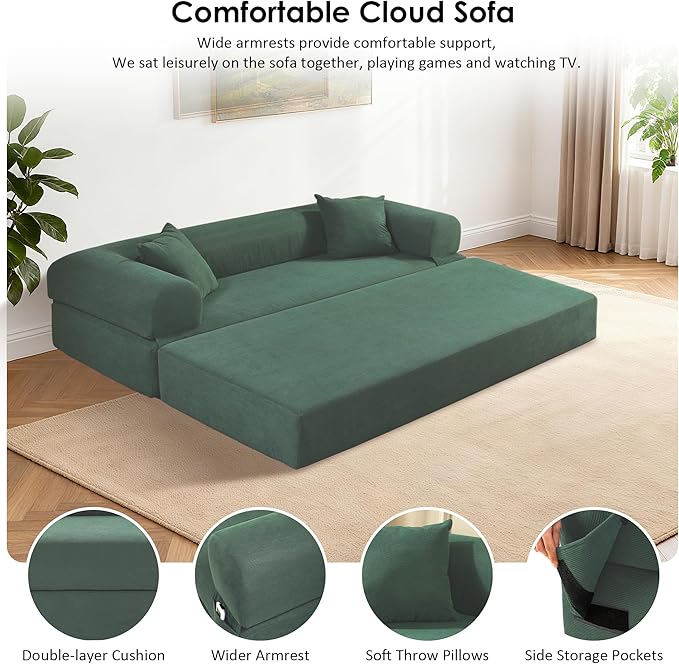80" Convertible Sofa Bed, Corduroy Deep Seat Folding Pull Out Couch with Pillows, No Assembly Modern Boneless Couch Compression Sofa in Box, Floor Sofa with Storage Pocket for Living Room,Light Green