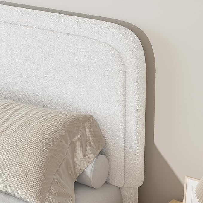 BarnFurin Boucle Upholstered California King Bed Frame/Soft Rounded Corners Headboard/Low Profile Bed Frame/No Box Spring Needed/White
