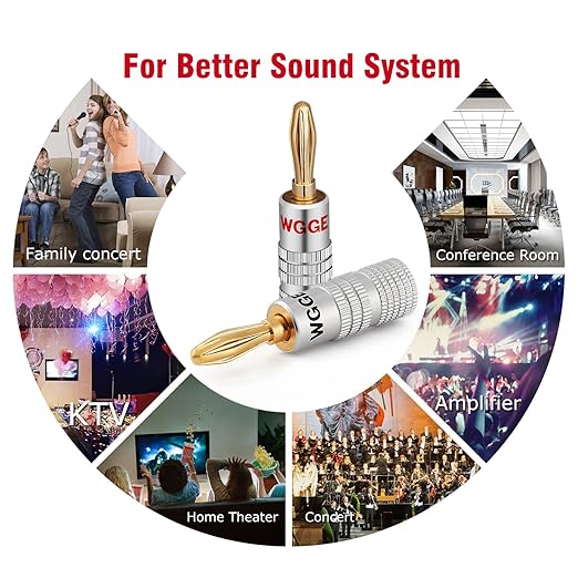 WGGE WG-009 Banana Plugs Audio Jack Connector, 24k Gold Dual Screw Lock Speaker Connector for Speaker Wire, Wall Plate, Home Theater, Audio/Video Receiver and Sound Systems (6 Pairs / 12 pcs)