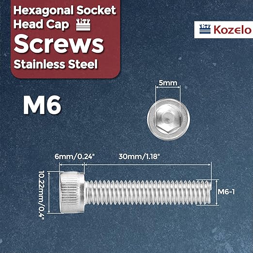Kozelo 25pcs Socket Head Cap Screws - [M6-1 x 30mm] 304 Stainless Steel Allen Socket Drive for Electrical Motor 3D Printing Fan Engine Replacement Use, Silver