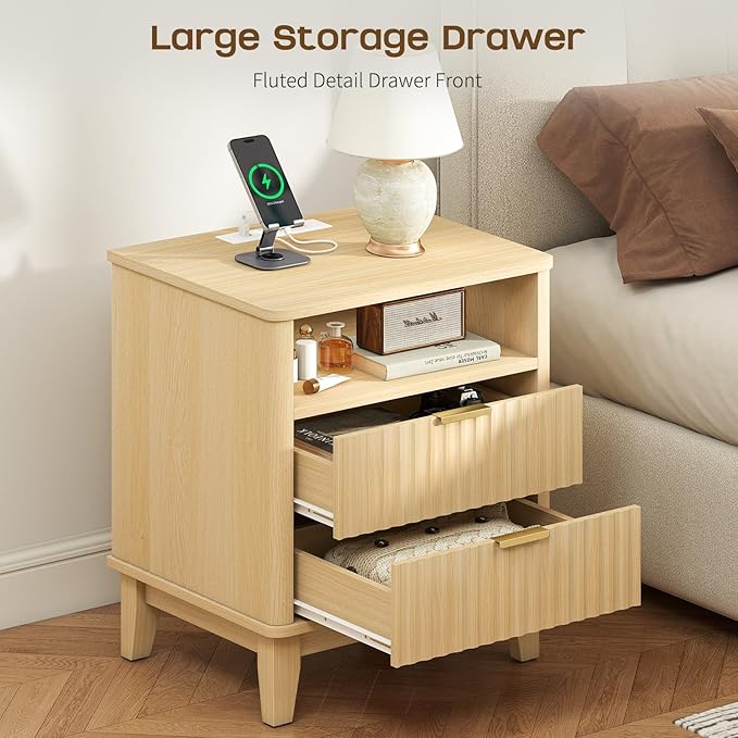 Night Stand with Charger Station, Fluted Nightstand with Drawers and Storage Shelf, Mid Century Modern Bedside Table Nightstands, Large Bed Side Table Wood Night Stands for Bedroom Living room