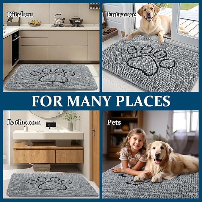 OLANLY Dog Door Mat for Muddy Paws 35x24, Paw Print Design, Absorbs Moisture and Dirt, Absorbent Non-Slip Washable Doormat, Quick Dry Chenille Mud Mat for Dogs, Entry Indoor Entryway Carpet, Grey