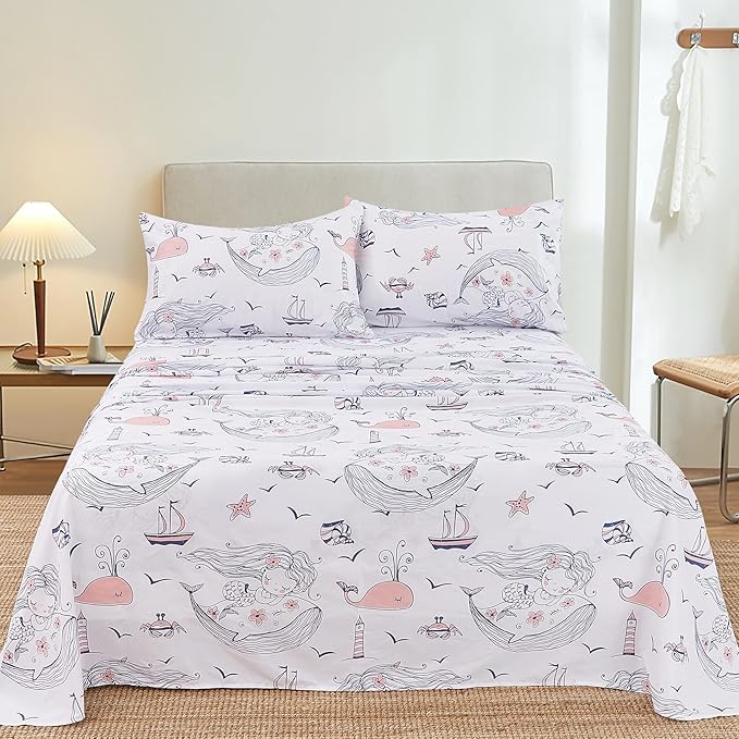 JSD Mermaid Girls Sheet Set Twin Size, 3 Piece Ocean Theme Microfiber Kids Bed Sheets Deep Pocket