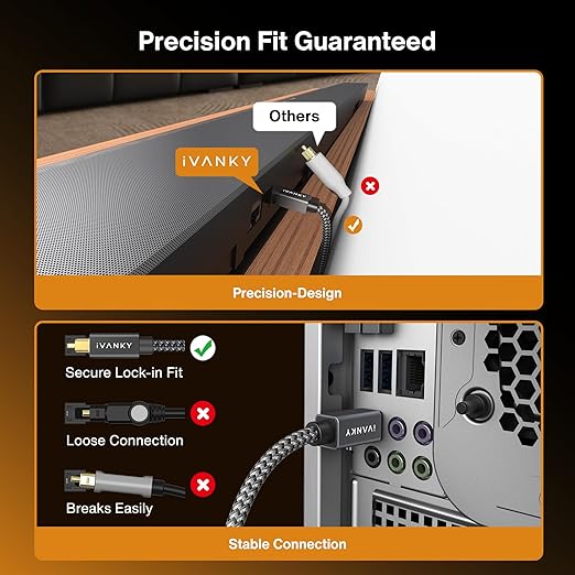 IVANKY Digital Optical Audio Cable 6ft/1.8M, Slim Nylon Braided Audio Optical Cord Toslink Cable for Sound Bar, TV, PS4, Xbox, Samsung, Vizio, 24K Gold-Plated - CL3 Rated, Grey