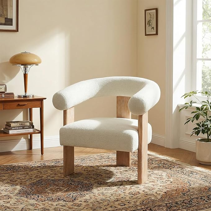 VKNOW Accent Chair Living Room Chair, Modern Upholstered Arm Chair with Solid Wood Legs, Comfy Barrel Accent Chair for Living Room, Bedroom, Cream