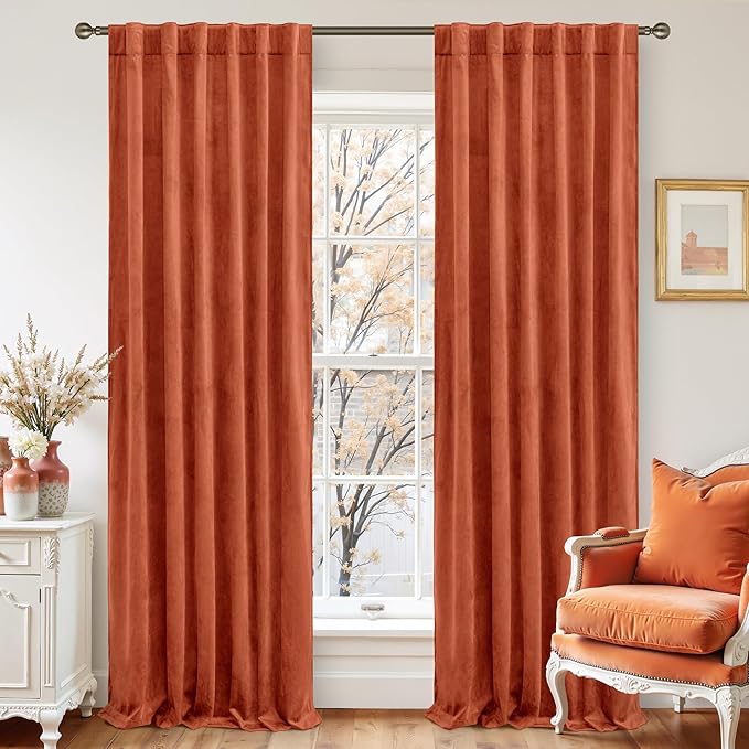 LAMIT Terracotta Velvet Curtains for Living Room, 96 Inch Thermal Insulated Noise Reducing Panels Rustic Vintage Room Darkening Drapes with Back Tab and Rod Pocket, 2 Panels, 52 x 96 Inch