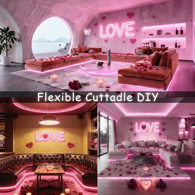 Pink Led Lights Strip Valentines Galentines Day Decor Rope Lights Easy DIY Princess Bedroom Cuttable Strip Lights for Baby Room Bathroom Living Room Kitchen Ceiling Wall Vanity Mirror Decoration