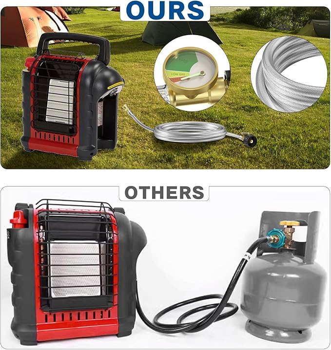 NQN 12FT Stainless Braided Propane Adapter Hose with Gauge, Propane Tank Hose Adapter 1lb to 20lb Converter for QCC1/Type1 Coleman Camp Stove, Buddy Heater, Tabletop Grill&More 1lb Portable Appliance