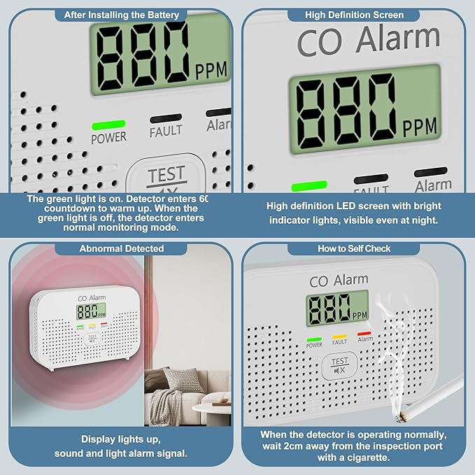Carbon Monoxide Detector Powered by AA Battery (not Included),CO Monitoring Alarm with LCD Display Screen, Used for Home Basement Kitchen, Hotel Garage, Bedroom, Living Room Voice Alarm 4 Pack