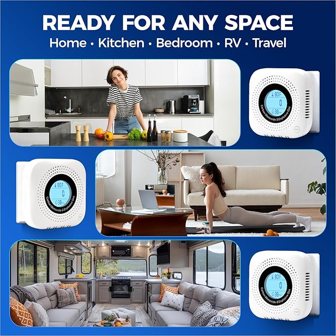 Daffypop Plug-in Carbon Monoxide & Natural Gas Leak Detector, 4-in-1 CO, Methane, Propane Alarm with Temperature & Humidity Monitor for Home, Kitchen, RV, Hotel, Travel – White