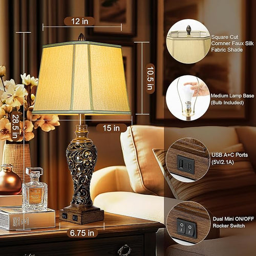 28.5'' Tall Farmhouse Vintage Table Lamp Set of 2 with Faux Silk Shade USB Ports Nightlight Decor for Bedside Living Room Bedroom Nightstands Office Home, Dark Bronze(Bulbs Included)