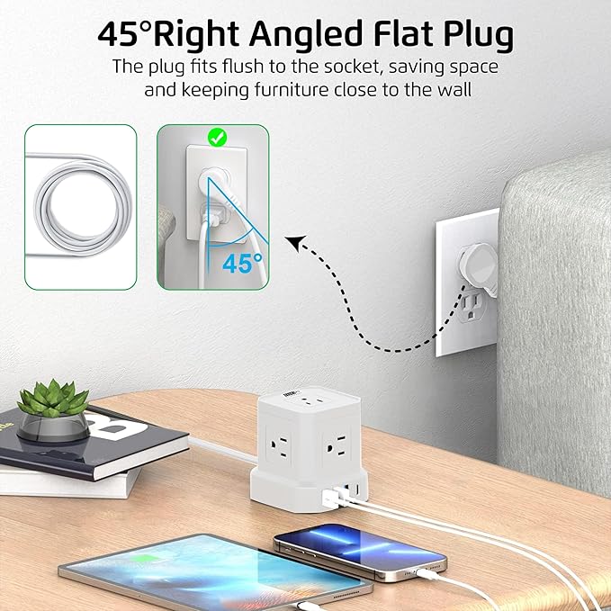 Cube Power Strips with Surge Protection, 6ft Extension Cord with Multiple Outlets, 5 Ac Plugs, 3 USB, 1 Usbc Fast Charging Power Strip with USB Ports, Mountable On/Off Switch Charging Station