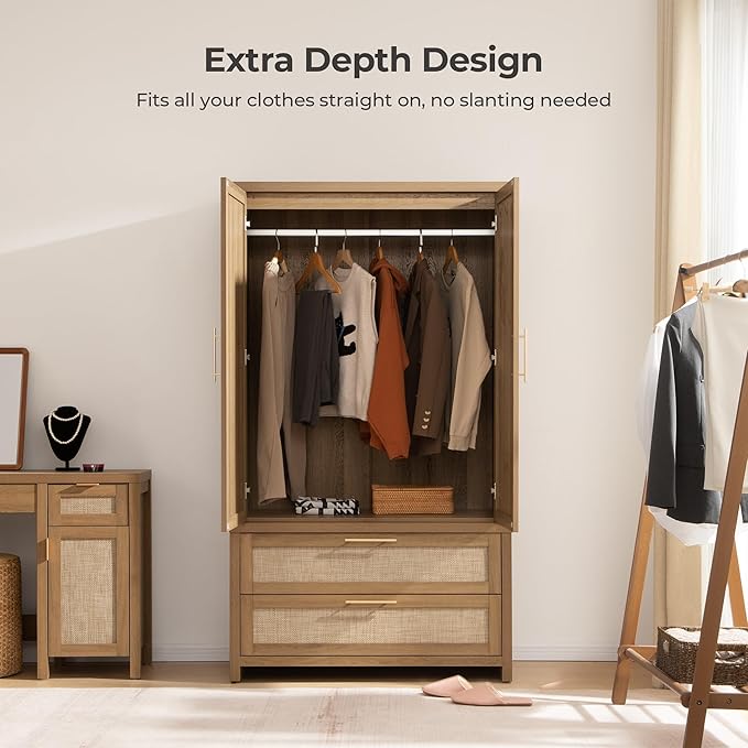 SICOTAS Armoire Wardrobe Closet, Larger Rattan Armoires Wardrobe Cabinet with 2 Larger Drawers and Hanging Rod, Tall Closet Storage Cabinet for Cloak Room, Laundry Room, Bedroom, Oak (3 Pieces)