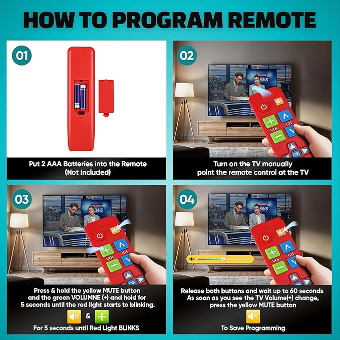 EZclicker Plus Big Button Universal TV Remote (Red) Simple Easy to Use, Works with Major TV Brands (2xAAA Batteries Not Included)