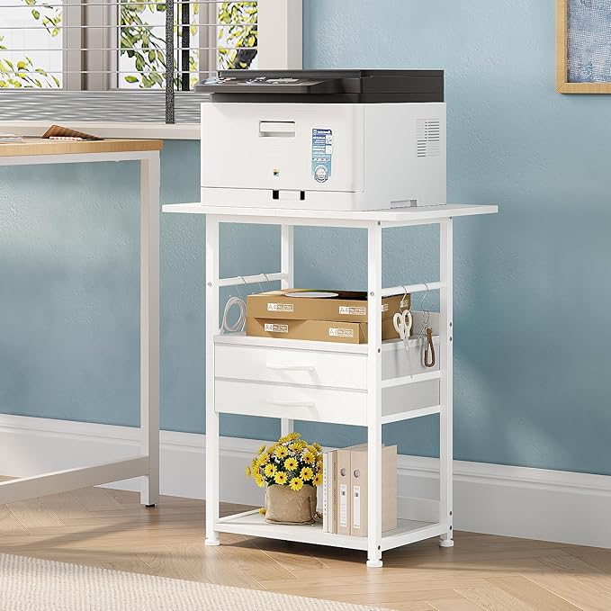 VENNQD Large Printer Stand with Storage Fabric Drawer Under Desk Printer Table with Wheels for Home Office, Printer Cart fit Fax Machine Scanner (White, 3 Tiers)