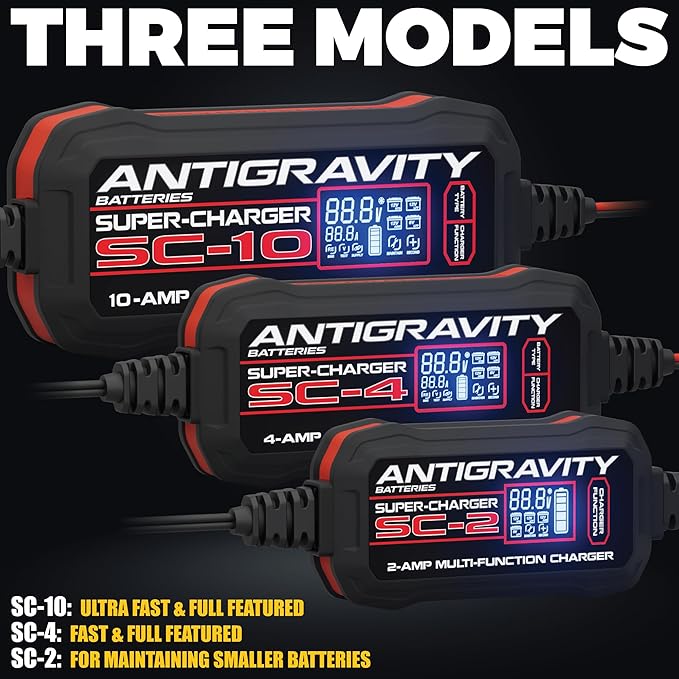 Antigravity SC-10 Super-Charger 10A Smart Battery Charger & Maintainer for 6V/12V Lithium (LiFePO4) & Lead-Acid Batteries – LCD Display, Power Supply Mode, BMS Reset