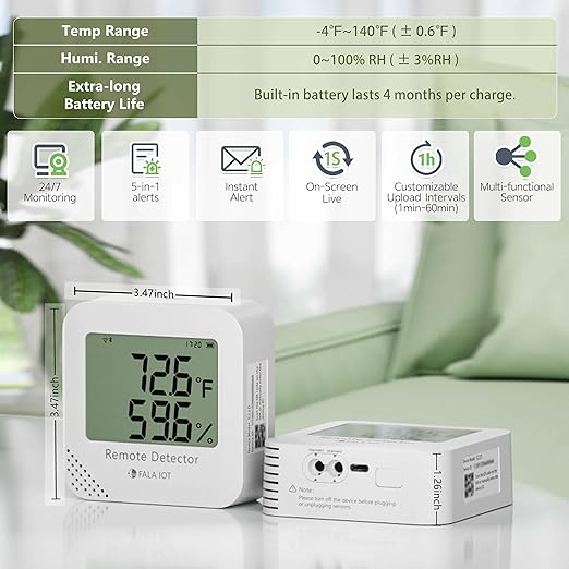 FALA IOT WiFi Temperature & Humidity Monitor, No Subscription 24/7 Remote Temp Sensor with Email, Text Alerts, Sound & Light Alarm, Idea for RV, Pet, Greenhouse, Farm, Freezer, Server Room,S22D