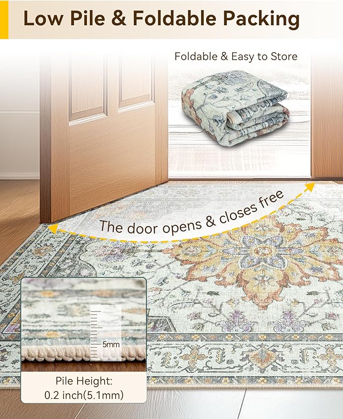 Area Rugs 4'x6' Washable Non-Slip, Floral Vintage Distress Print Pattern Medallion Carpet for Living Room Bedroom Dining Room, Light Yellow Carbon Grey Orange