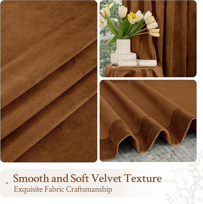 LAMIT Bronze Brown Velvet Curtains for Living Room 108 Inches Long, Mid Century Thermal Blackout Curtains Room Darkening Back Tab and Rod Pocket Panels for French Country, 2 Panels, 52 x 108 Inch