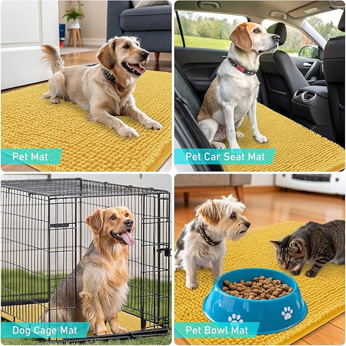 OLANLY Dog Door Mat for Muddy Paws 24x16, Absorbs Moisture and Dirt, Absorbent Non-Slip Washable Doormat, Quick Dry Chenille Mud Mat for Dogs, Entry Indoor Entryway Carpet for Inside Floor, Yellow
