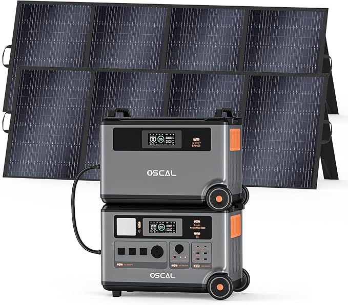 OSCAL 7200Wh Portable Power Station PowerMax 6000 with 2x400W Solar Panel, 120/240V Solar Generator, Max 6000W AC Outlets (9000W Peak), LiFePO4 Battery Power Station for Home, Camping, RV, Emergency