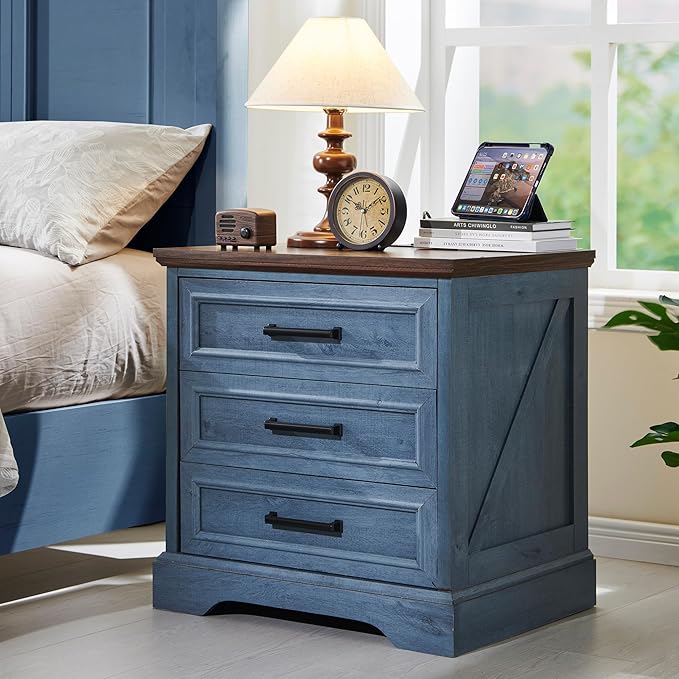 ACCOHOHO Farmhouse Nightstands Set of 2, 22 Inch Wide End Table with Charging Station & 3 Large Drawers, Rustic Wood Small Dresser Chest of Drawers for Bedroom, Living Room, Blue