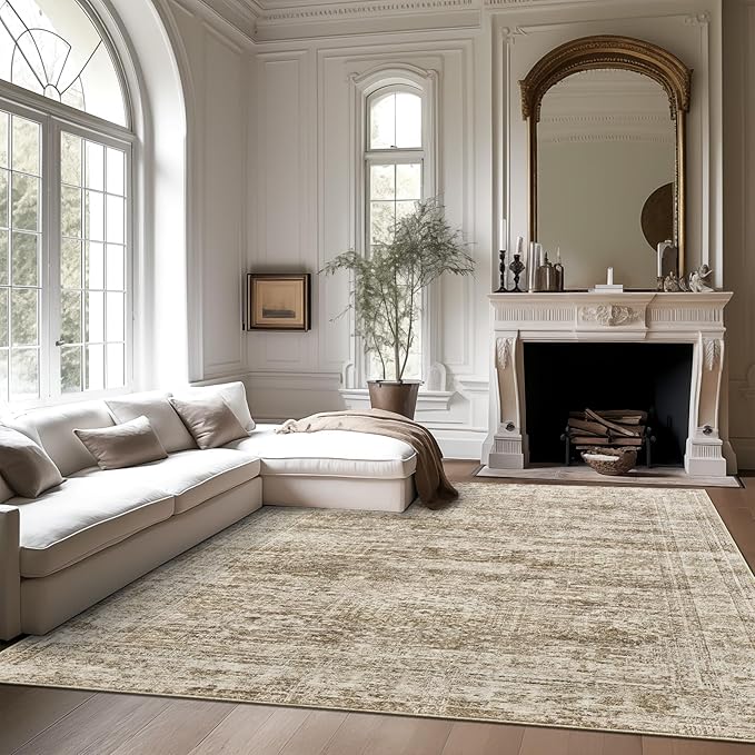 12x15 Washable Area Rug Brown Neutral Abstract Living Room Large Carpet Non Slip Bedroom Indoor Office Dining Room Low Pile Thin Rug