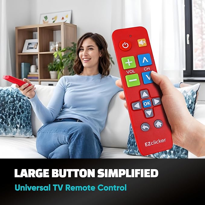 EZclicker Plus Big Button Universal TV Remote (Red) Simple Easy to Use, Works with Major TV Brands (2xAAA Batteries Not Included)