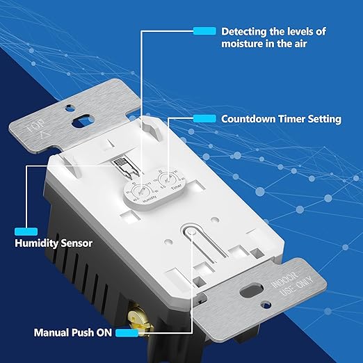 LIDER No Neutral Wire Required Humidity Sensor Switch, Automatic Humidity Detection, Air Circulator, Bathroom Fan Automated Control, Adjustable Timing, 1-Pole, UL Listed, White, Wall Plate Included
