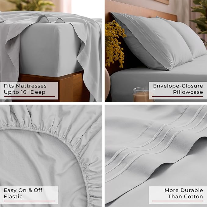 Mellanni Split King Sheet Set - 7-Piece Iconic Collection Bedding, (Including 4 Pillowcases), 16-Inch Deep Pocket, Easy Care, Extra Soft, Cooling Sheets, Brushed Microfiber - Light Gray