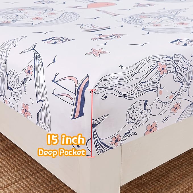 JSD Mermaid Whale Kids Sheet Set Full Size, 4 Piece Ocean Theme Microfiber Sheets for Girls Deep Pocket