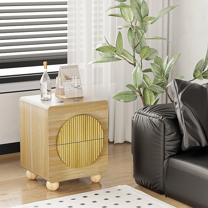23" Fluted Nightstand with Solid Wood Legs Set of 2, Modern Style Natural Bedside Table with Round Moon Handle & Storage, Mid Century Cute Night Stand for Bedroom, Side Table, End Table