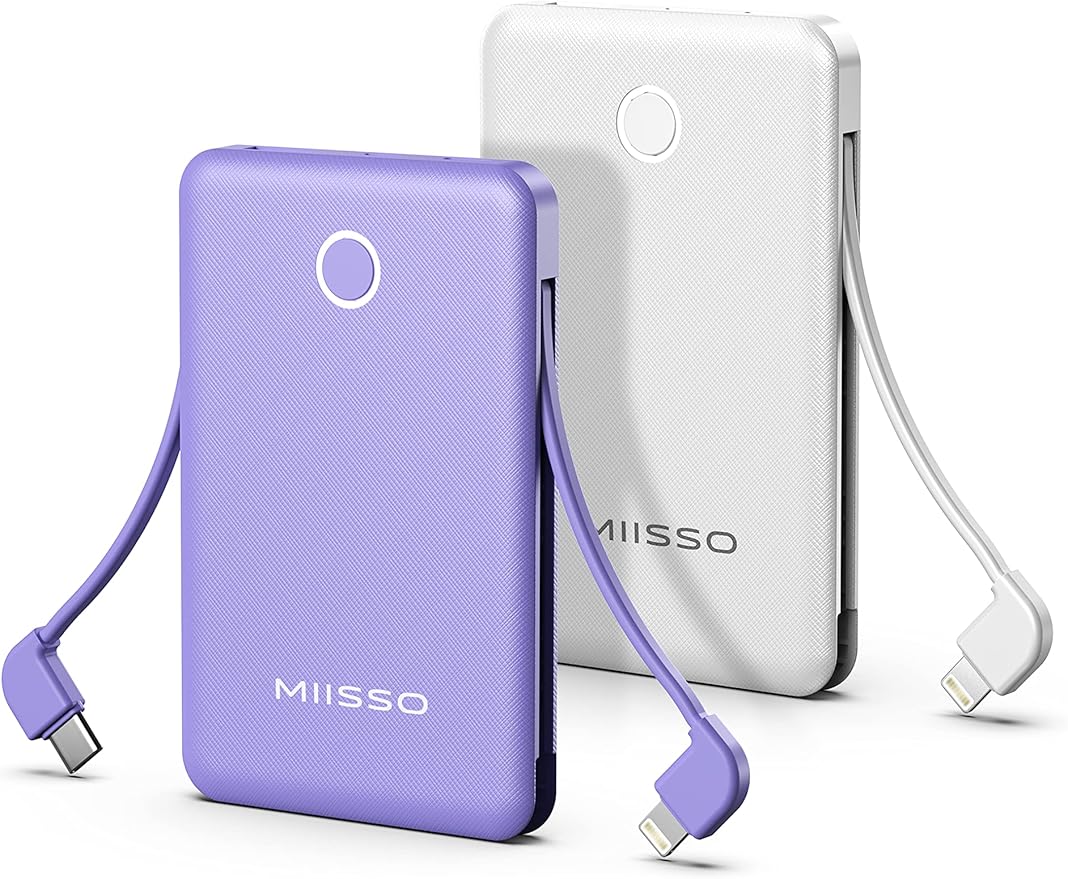 6000mah Ultra Slim Built in Cables Power Bank, Card Size Built in USB C Cords Battery Pack Portable Charger for Phones, 3 Output External Battery Pack Compatible with iPhone, 2-Pack White & Purple