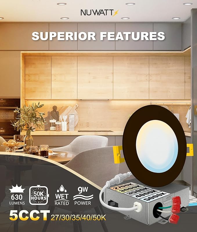 NUWATT 6 Pack 4 Inch Ultra-Thin Bronze LED Recessed Lighting, 5CCT 2700K/3000K/3500K/4000K/5000K Selectable, 630 Lumens, IC Rated, Dimmable Canless Wafer Light, Slim Panel Light, Metal J-Box, ETL