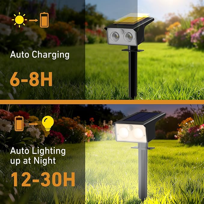 btfarm Solar Spot Lights Outdoor Waterproof, 3 Modes Motion Sensor Lights, Solar Powered Spotlights 2-in-1 Auto On/Off for Outside Pathway Yard Garden Landscape Lighting, Warm White