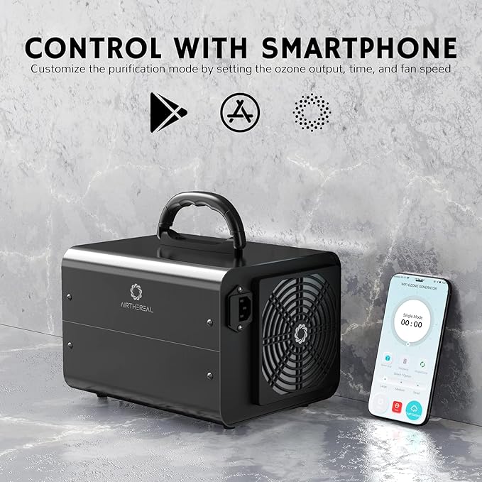 Airthereal MA10K-PRO SMART WiFi Ozone Generator - High Ozone Output Capacity Ozonator- Odor Remover, Deodorizer, Sterilizer - Adjustable Output and Timer Settings for Any Size Room - Black