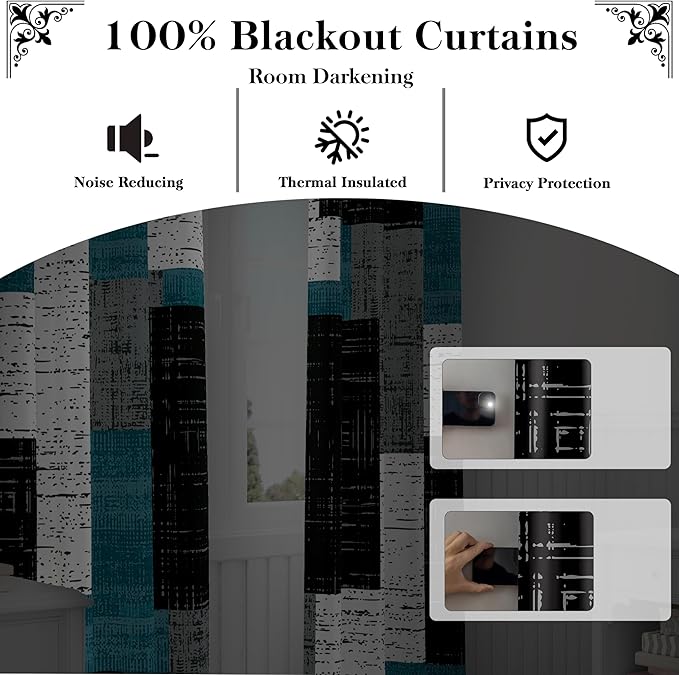 Rustic Blue Grey 100% Blackout Curtains for Bedroom 63 inch Long 2 Panels Set Gray Modern Abstract Geometric Black Out Curtains Insulated Room Darkening Window Drapes for Living Room, 52Wx63L