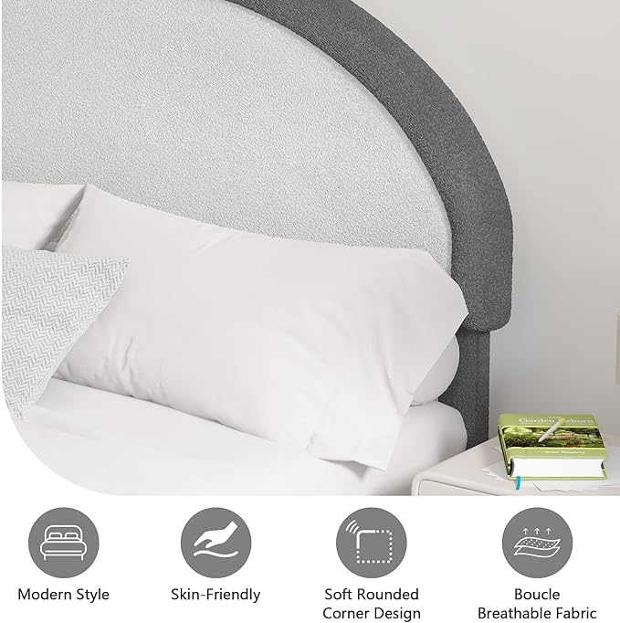Twin Bed Frames with Headboard, Boucle Upholstered Platform Bed, Grey Bed Frame, Soft Rounded Corners, No Box Spring Needed, Easy Assembly