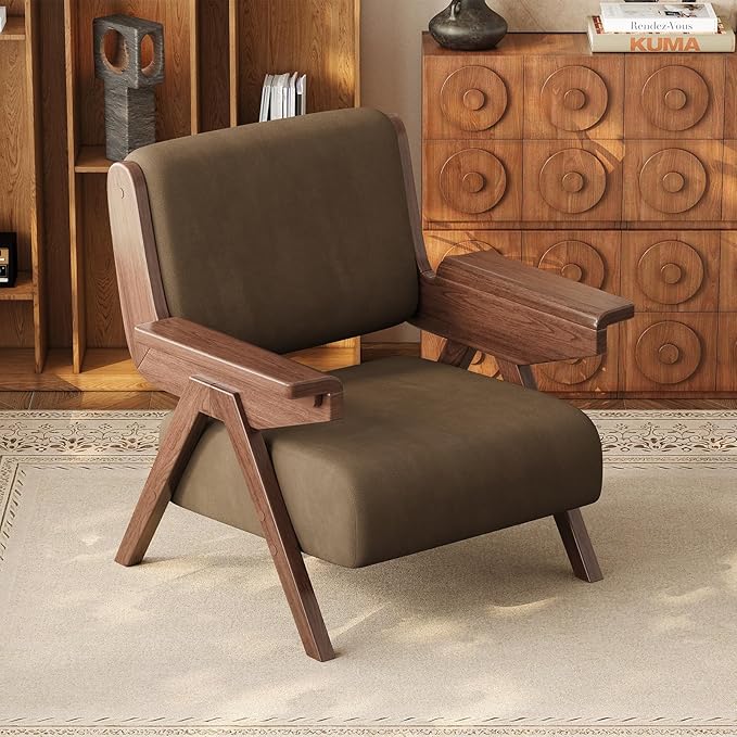 Mid Century Modern Accent Chair, Fabric Upholstered Lounge Arm Chair with Solid Wood Frame for Living Room, Bedroom, Office, Reading Corner (Coffee, Set of 2)