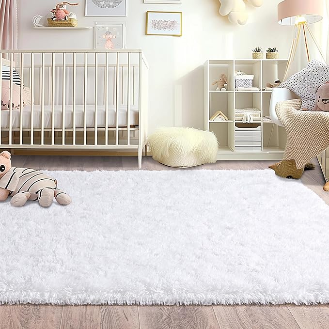 Fluffy Rugs for Bedroom Living Room, 4x6 Feet Indoor Modern Shaggy Area Rugs, Non-Slip Fuzzy Shag Floor Carpet for Dorm Nursery Kids Room Decor, Soft Plush Throw Rug, White