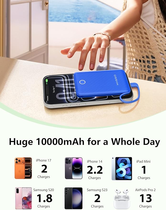 miisso 10000mAh Mini Portable Charger with Built in Cable, Pocket Size Power Bank Travel External Battery Pack for Phone, 3 Output USB Type C Cord Clutch Compatible with iPhone, Samsung, Deepblue