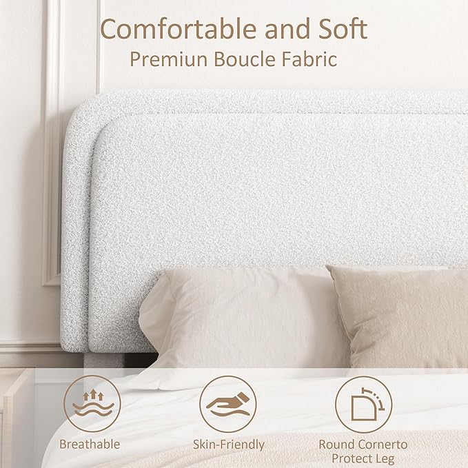 Queen Size Boucle Platform Bed Frame, Upholstered Cloud with Adjustable Headboard, Anti-Collision Soft Rounded Corners, No Box Spring Required, Easy Assembly, Noise Free