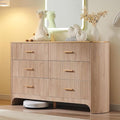 Fluted 6 Drawer Dresser for Bedroom with Curved Profile Design,53.9" W Chest of Drawers with Reeded Texture,Wide Storage Cabinet with Smooth-Glide Drawers,gold metal handle or Living Room,Light Oak
