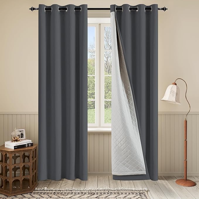 3 Layers Heavy Thermal 100% Blackout Curtains 84 Inch Length Heavy Soundproof Curtains for Bedroom 1 Panel 50x84 Grey