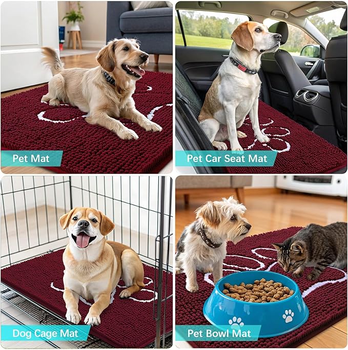 OLANLY Dog Door Mat for Muddy Paws 70x24, Paw Print Design, Absorbs Moisture and Dirt, Absorbent Non-Slip Washable Doormat, Quick Dry Chenille Mud Mat for Dogs, Entry Indoor Entryway Carpet, Burgundy