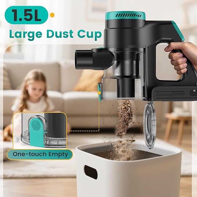 Zefiro 350W Cordless Vacuum Cleaner,45Mins Runtime Vacuum Cleaners for Home, Anti-Tangle and 1.5L Dust Cup, 6 in 1 Lightweight Vacuum for Hardwood Floor Carpet Pet Hair